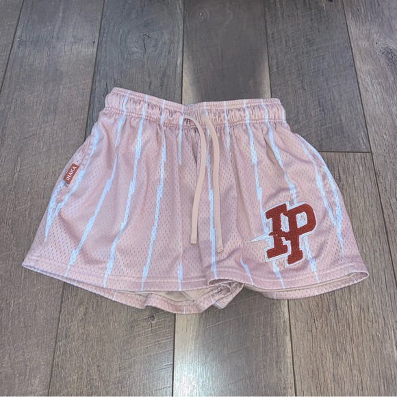 Inaka Power Pinstriped Mesh Shorts Peach Pink White Size Small - Picture 1 of 4